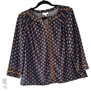 J JILL | NWOT NAVY BLUE COLLARLESS PLEATED TOP GOLD TRIM DETAIL SPLIT NECK SMALL